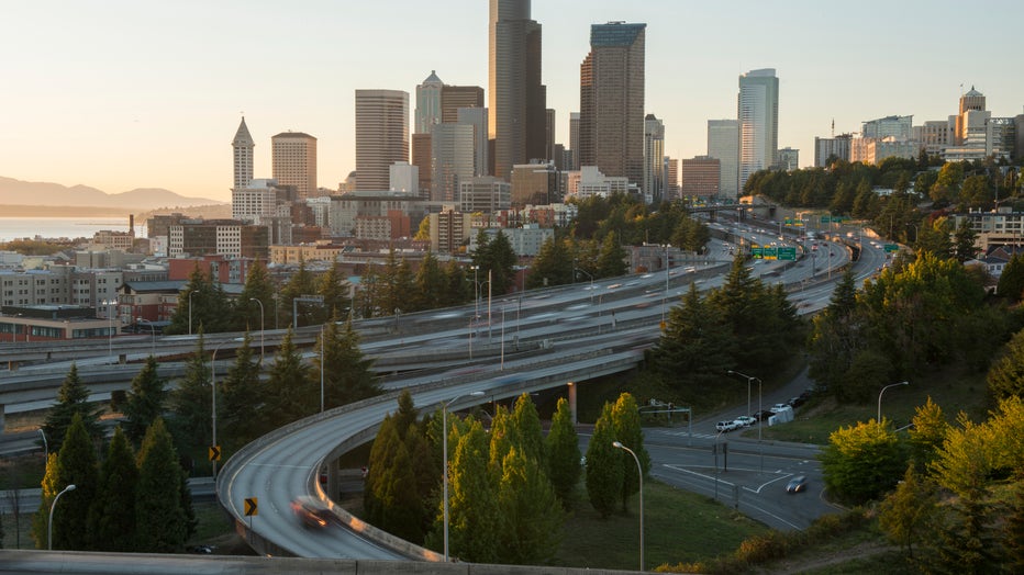 sseattle skyline with freeways before sunset