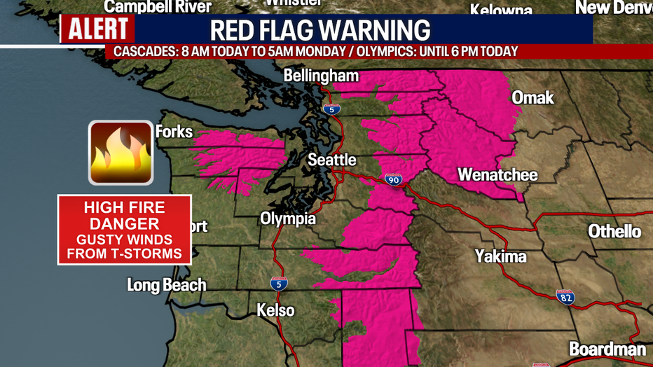 Elevated fire danger with stormy weather is expected over the Cascades east of Seattle.