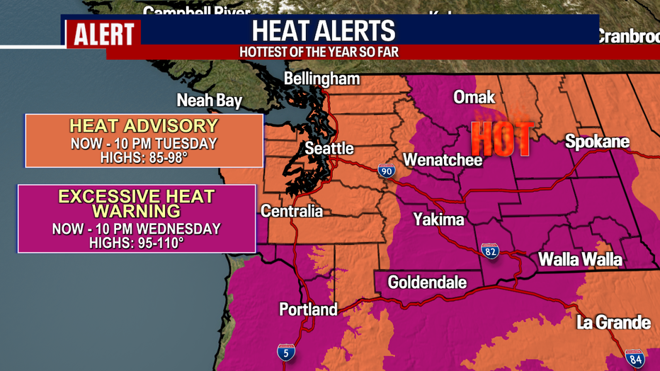 Heat alerts are in place for most of Western Washington Monday