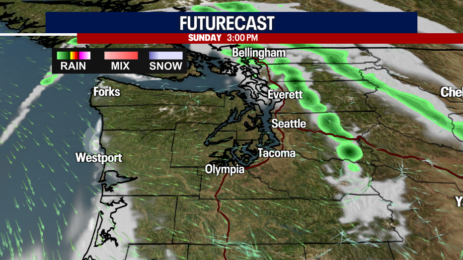 Isolated showers and stormy weather are possible Sunday surrounding the greater Seattle area.