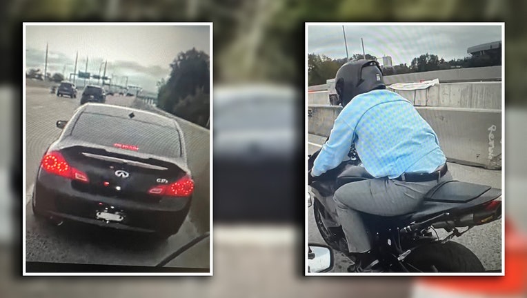 Interstitial of black Infinity G35x suspect vehicle and motorcycle.
