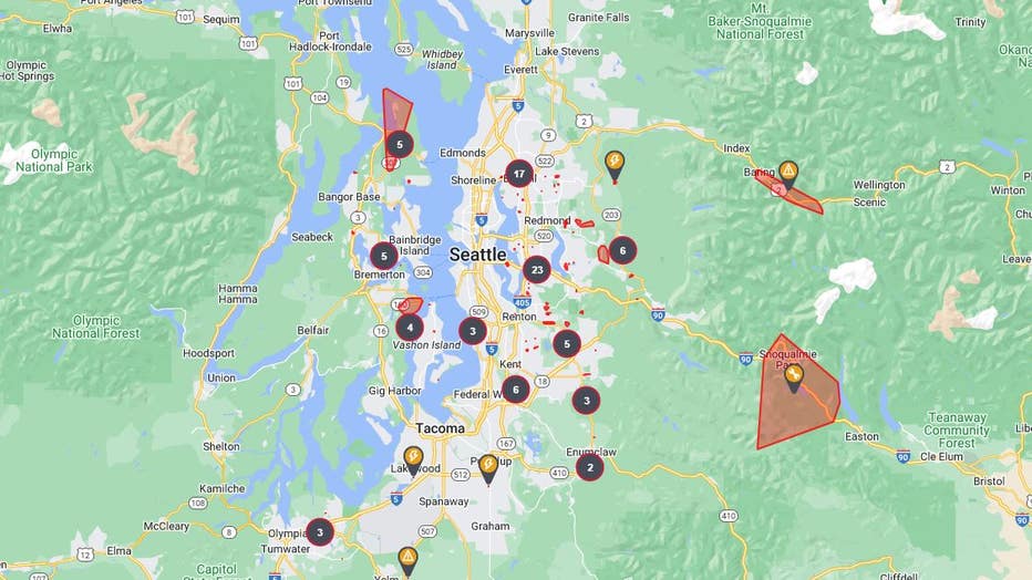 Puget Sound Energy power outage map as of 11 a.m. on August 18, 2024.