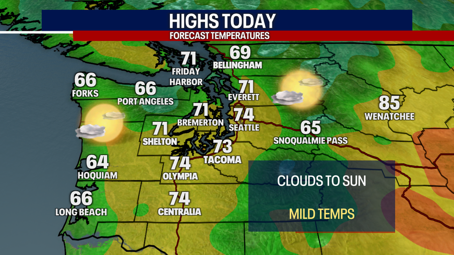 A map showing the forecast high temperatures for Western Washington Friday.