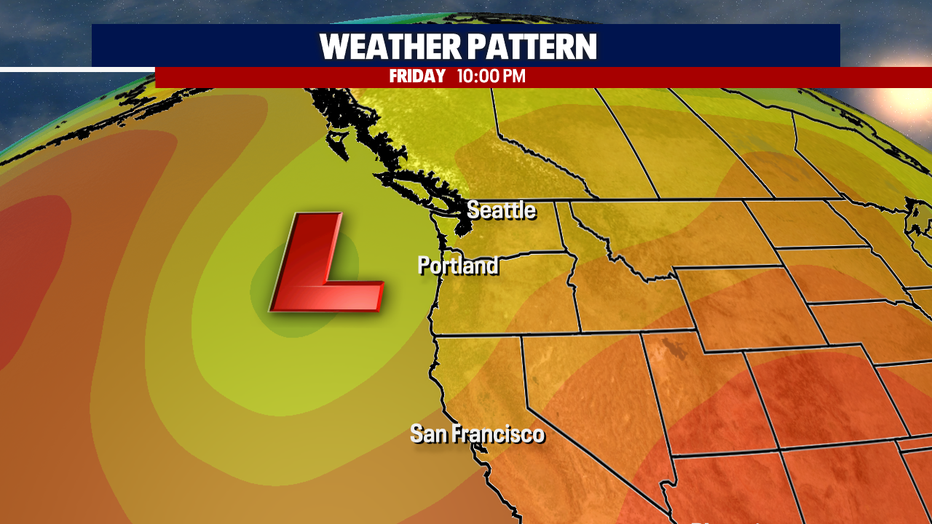 A map showing a low pressure system off the Northwest Pacific coast.