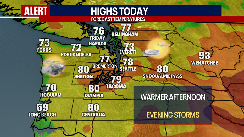 A map showing the forecast high temperatures in Western Washington Saturday.