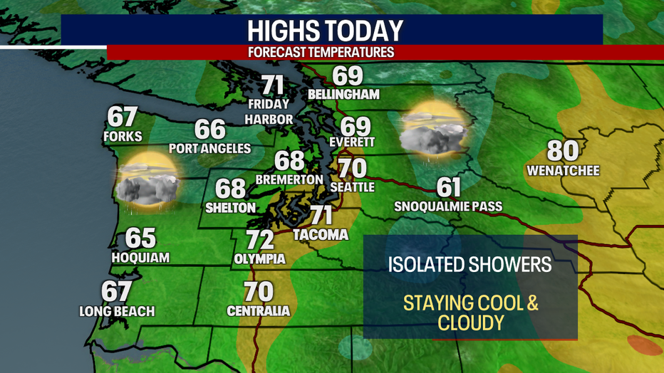 A map showing the high temperatures forecast for Wednesday in Western Washington