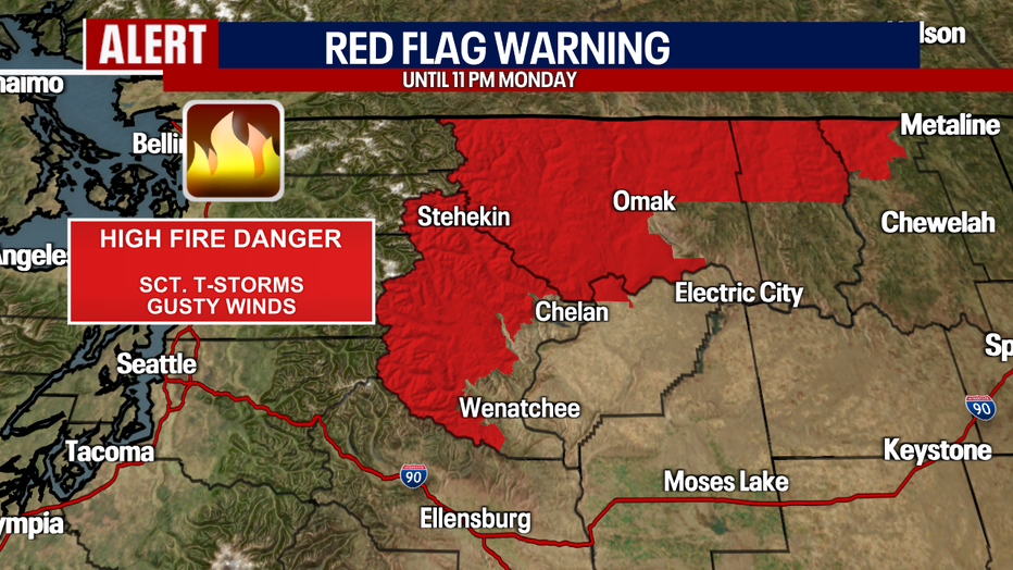 A few hours east of Seattle, a Red Flag Warning is posted for the Methow Valley due to stormy weather.