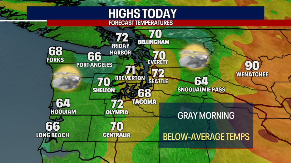 Highs will reach the upper 60s to the low 70s in Seattle Monday.