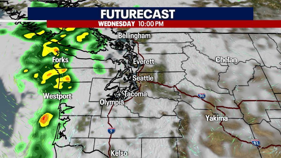 A map showing showers on the Washington Coast Wednesday evening.