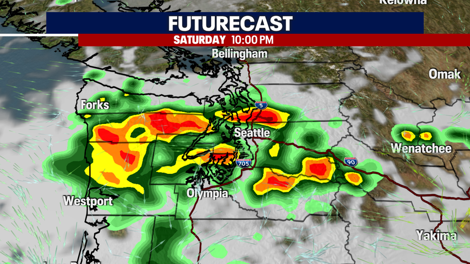 A map showing thunderstorms moving through Western Washington on Saturday night.