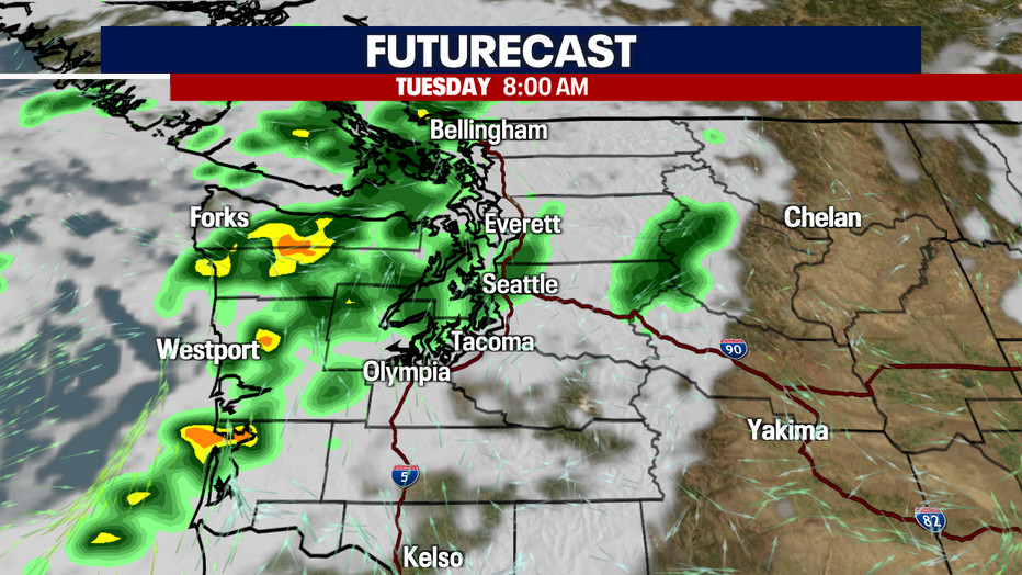 A map showing rain in the forecast for Tuesday morning.