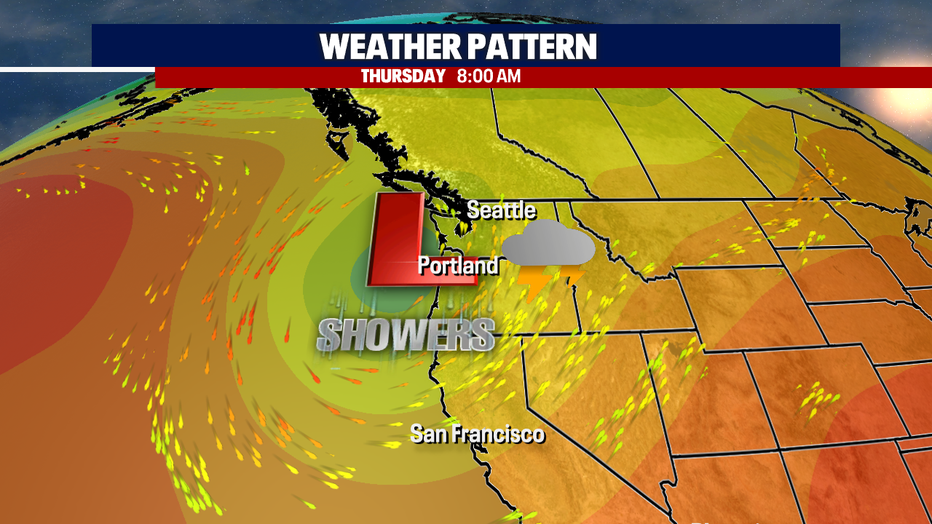 A map showing an upper level low pressure system impacting the Pacific Northwest midweek.