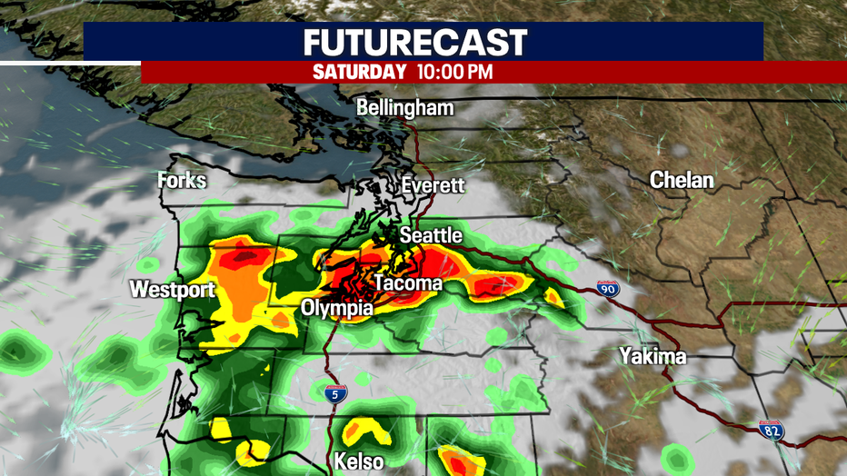 A map showing heavy showers in the forecast Saturday night in Seattle.