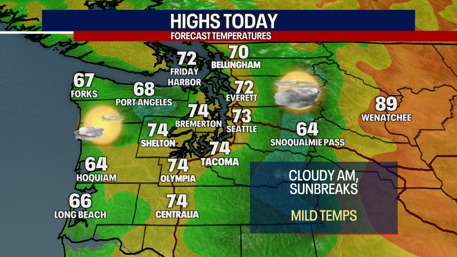 A map showing the high temperatures forecast for Thursday in Western Washington.