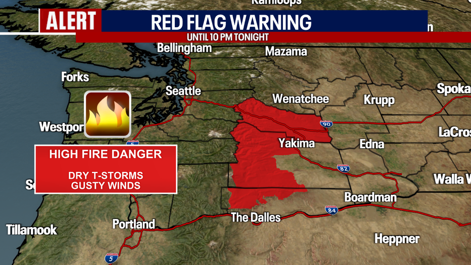 Saturday afternoon storms in the mountains prompts a Red Flag Warning.