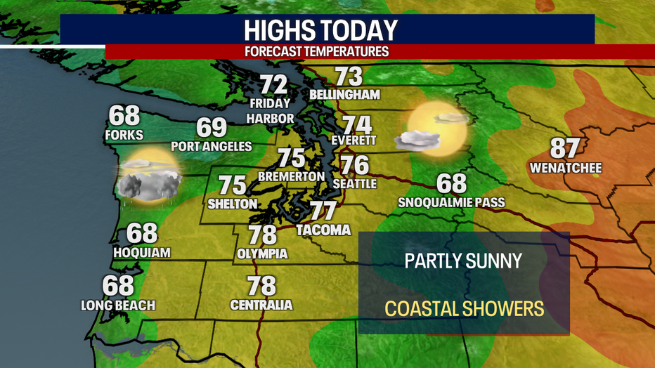 A map showing the high temperatures forecast for Monday in Western Washington.