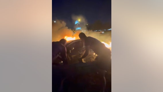 Dramatic video in Fife shows rescuers saving man trapped in burning Subaru