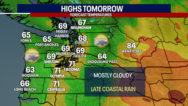 Seattle weather: Mostly cloudy, late showers Tuesday