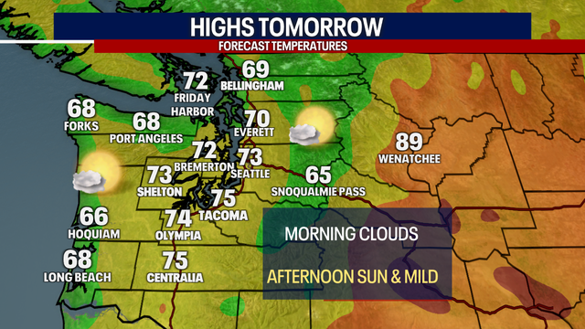 Seattle weather: Clouds to sunshine Tuesday, highs in the low to mid 70s