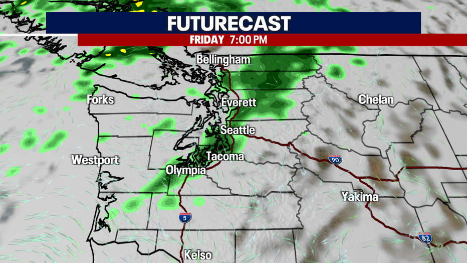 Futurecast cloud and rain forecast for the Friday evening commute.