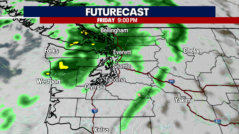 Futurecast cloud and rain forecast for Friday evening.