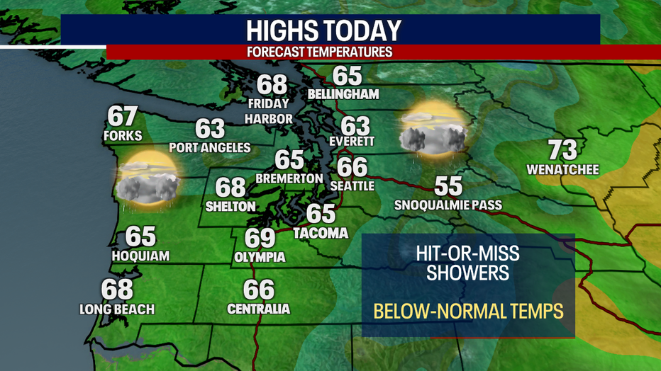 A map showing the high temperatures expected Wednesday in Western Washington.