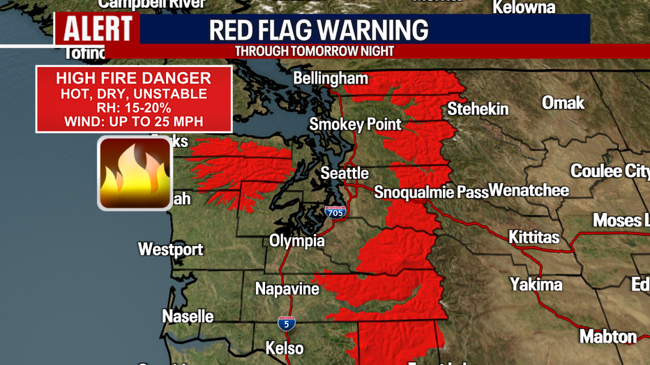 A map showing the areas of high fire danger in Washington State.