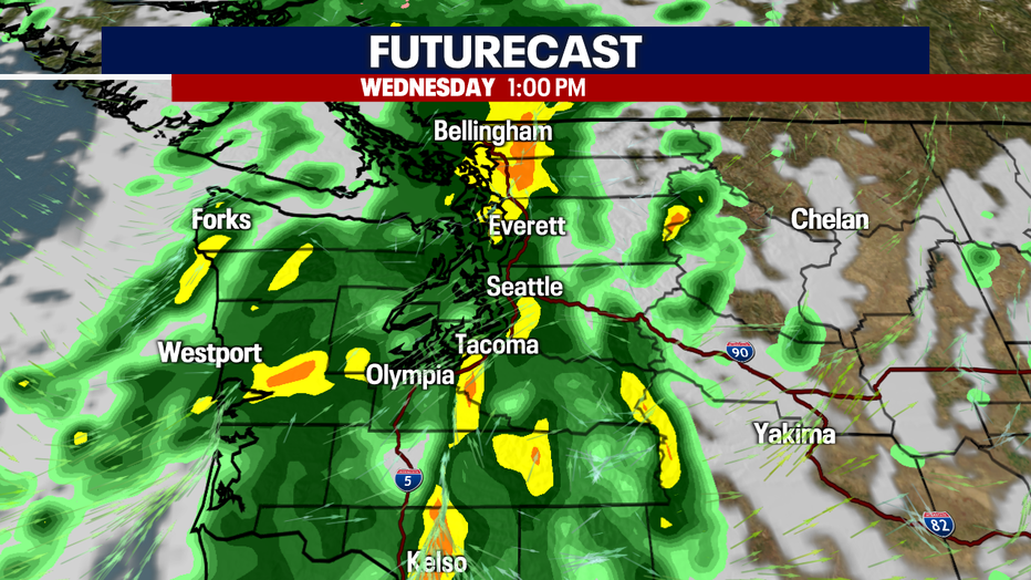 A map showing widespread rain moving into the Puget Sound area Wednesday afternoon.