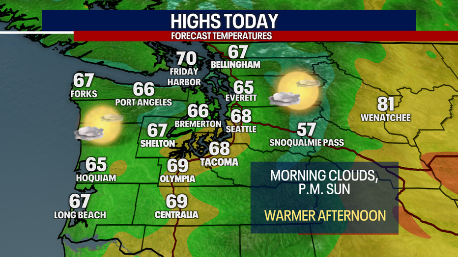 A map showing the high temperatures forecast for Wednesday in Western Washington.