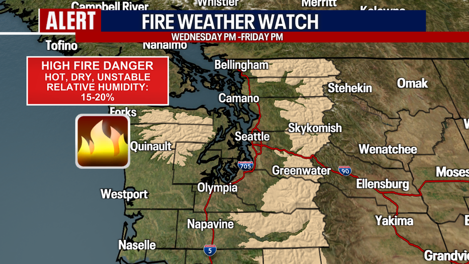 Hot, dry and unstable weather is elevating the threat for wildfires over the mountains east of Seattle.