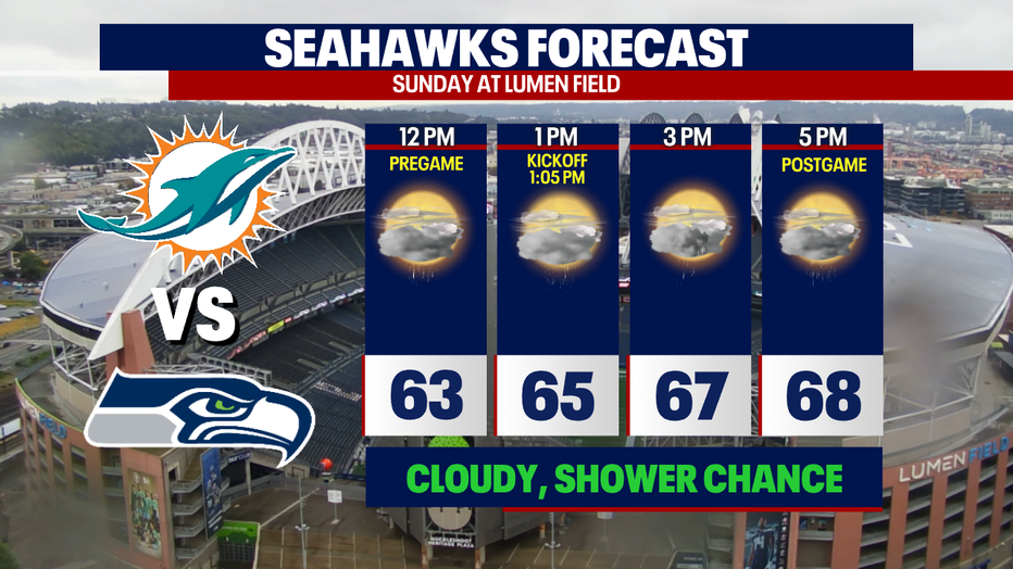 The forecast for Sunday's game between the Seattle Seahawks and Miami Dolphins.