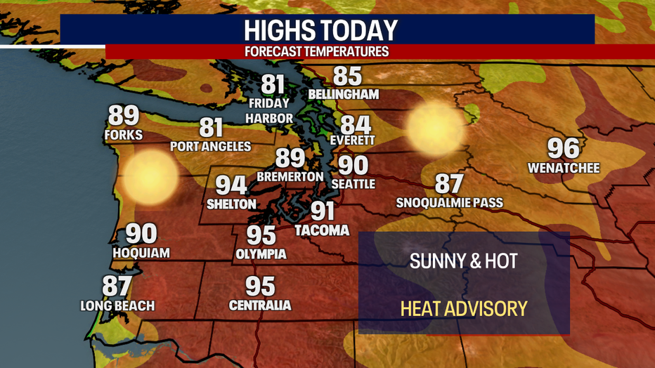 A map showing the high temperatures forecast for Thursday in Western Washington.