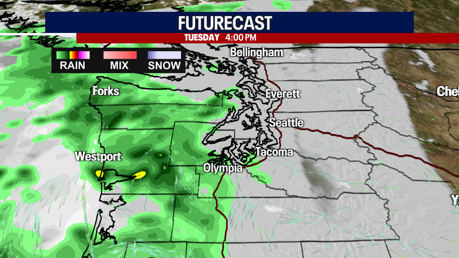 Slightly damp weather is possible west of Seattle Tuesday evening.