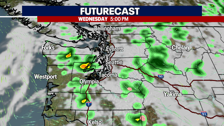 A map showing the expected rain during the evening commute Wednesday in Western Washington.