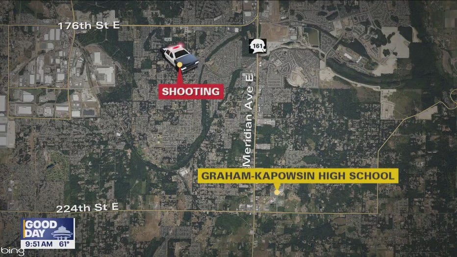 Photo showing a map of where the Graham-Kapowsin High School student was shot in Graham, Washington. The shooting is marked on a map showing that the shooting happened northwest of the school, off school campus