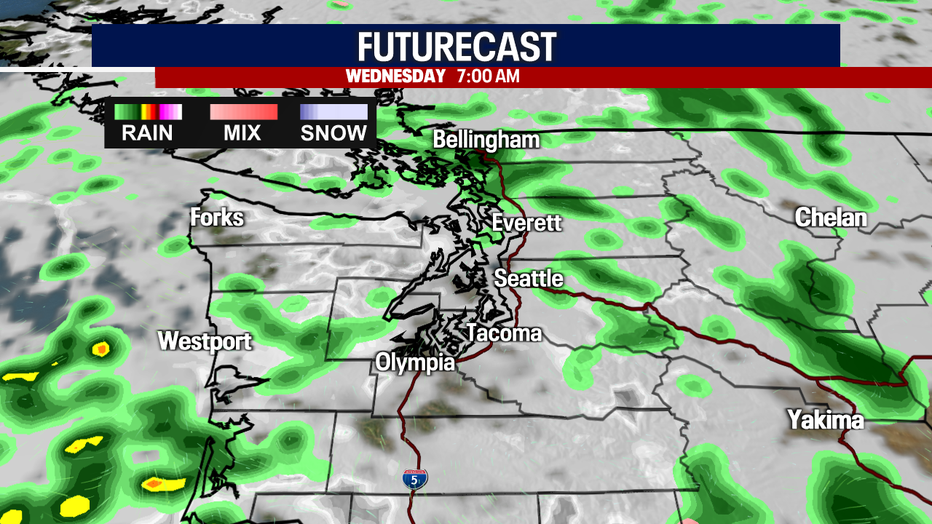 Damp weather is forecast in Seattle on-and-off through Wednesday.