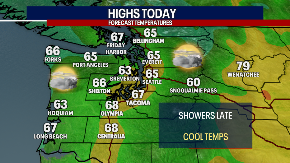 A map showing the forecast high temperatures for Western Washington Friday.