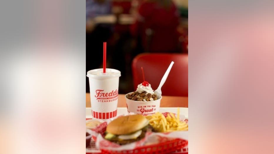 burger, soda and frozen custard sundae