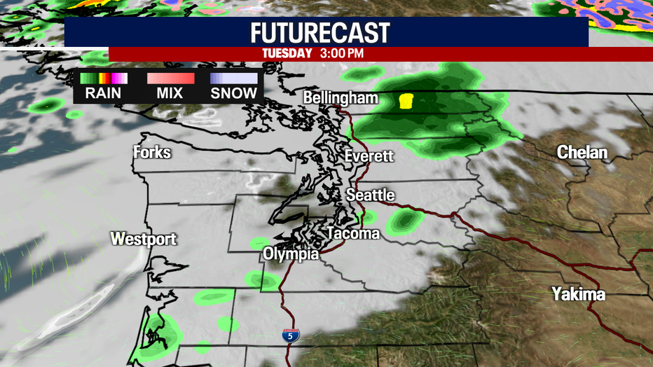 People north of Seattle will be dodging scattered showers with cloudy weather Tuesday.