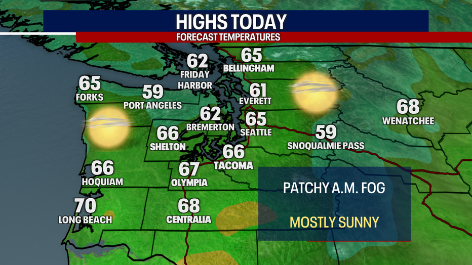 A map showing the high temperatures forecast for Thursday in Western Washington.