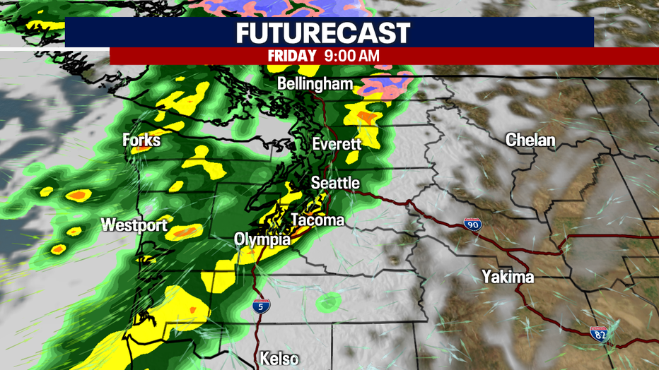 A map showing the Futurecast for rain showers Friday morning.