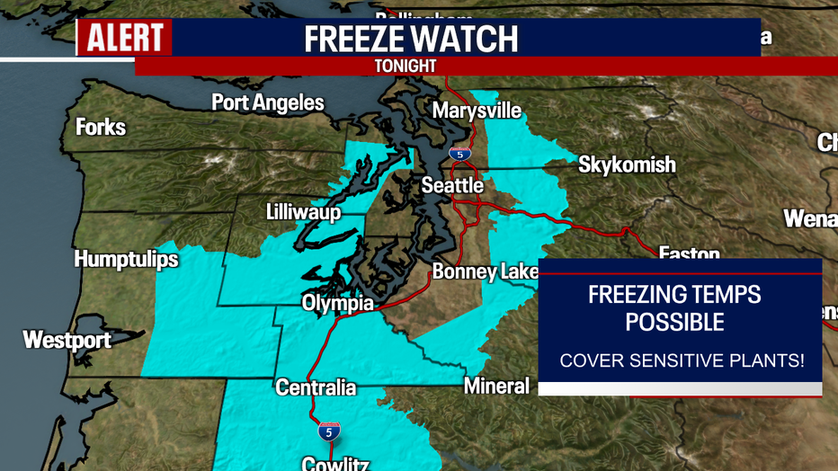 A map showing the areas where a freeze watch is in effect Tuesday evening.