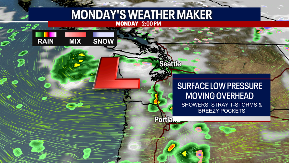 A map showing the incoming surface level low pressure system into the Pacific Northwest.