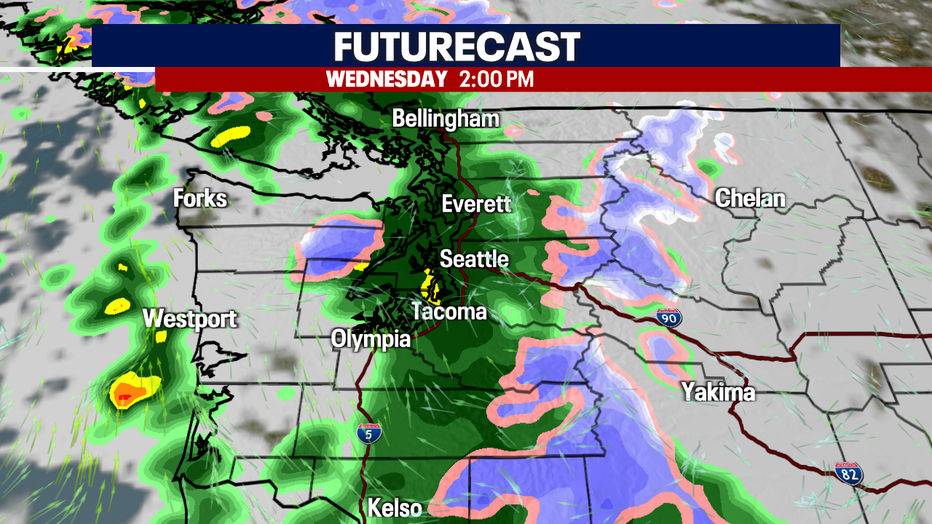 A map showing the forecast rain in Western Washington on Wednesday afternoon.