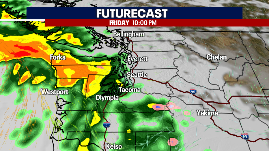 A map showing the incoming rain showers Friday night.