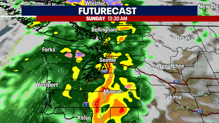 A map showing the incoming rain showers early Sunday morning.