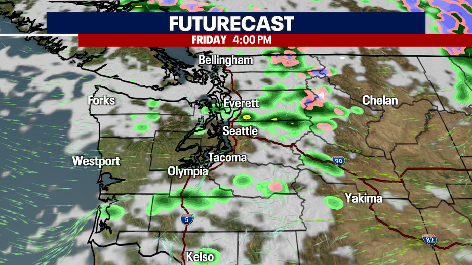 A map showing the expected rain Friday afternoon in Western Washington.