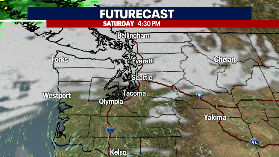 A map showing the clouds clearing over the weekend.