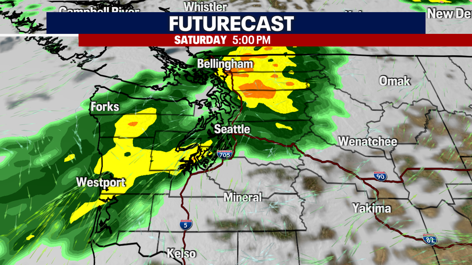 A map showing the heavy rain in Western Washington on Saturday.