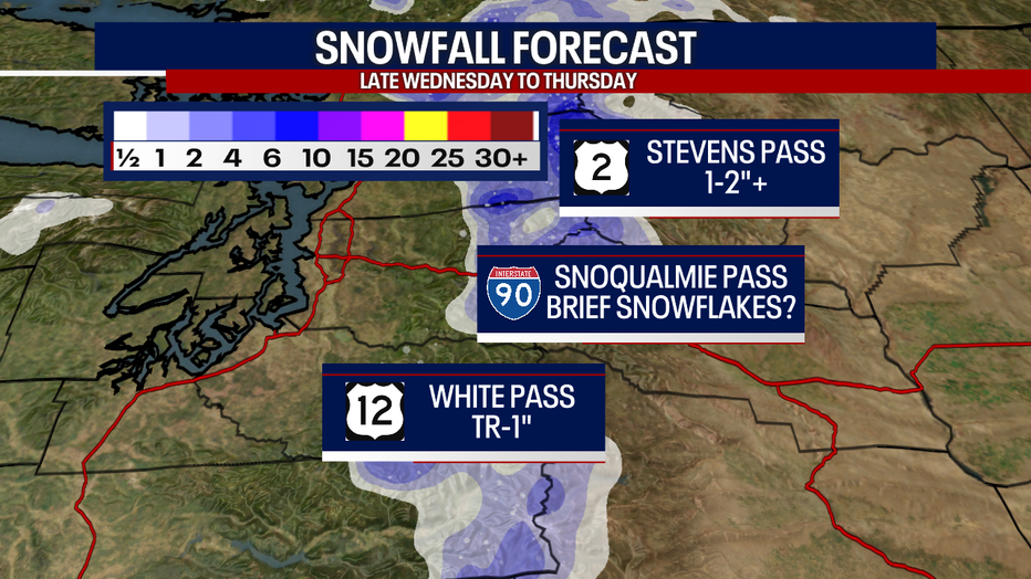 Snowy weather could develop east of Seattle over Stevens and White Passes on Thursday.